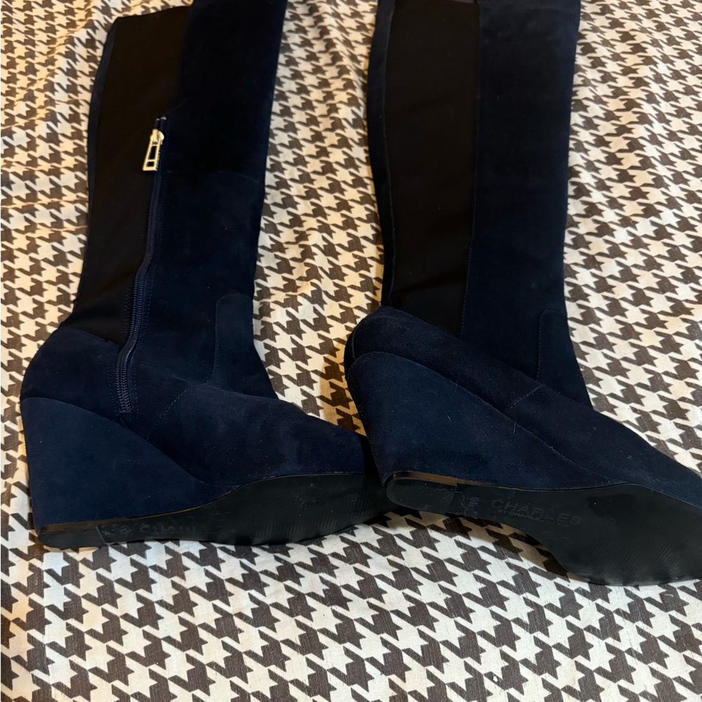 Suede knee high boots , wedge heel Navy Charles David